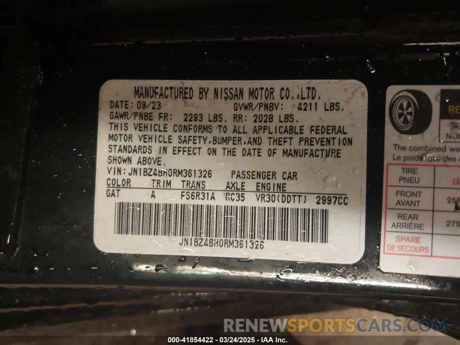 9 fotografías del automóvil dañado JN1BZ4BH0RM361326 NISSAN Z 2024