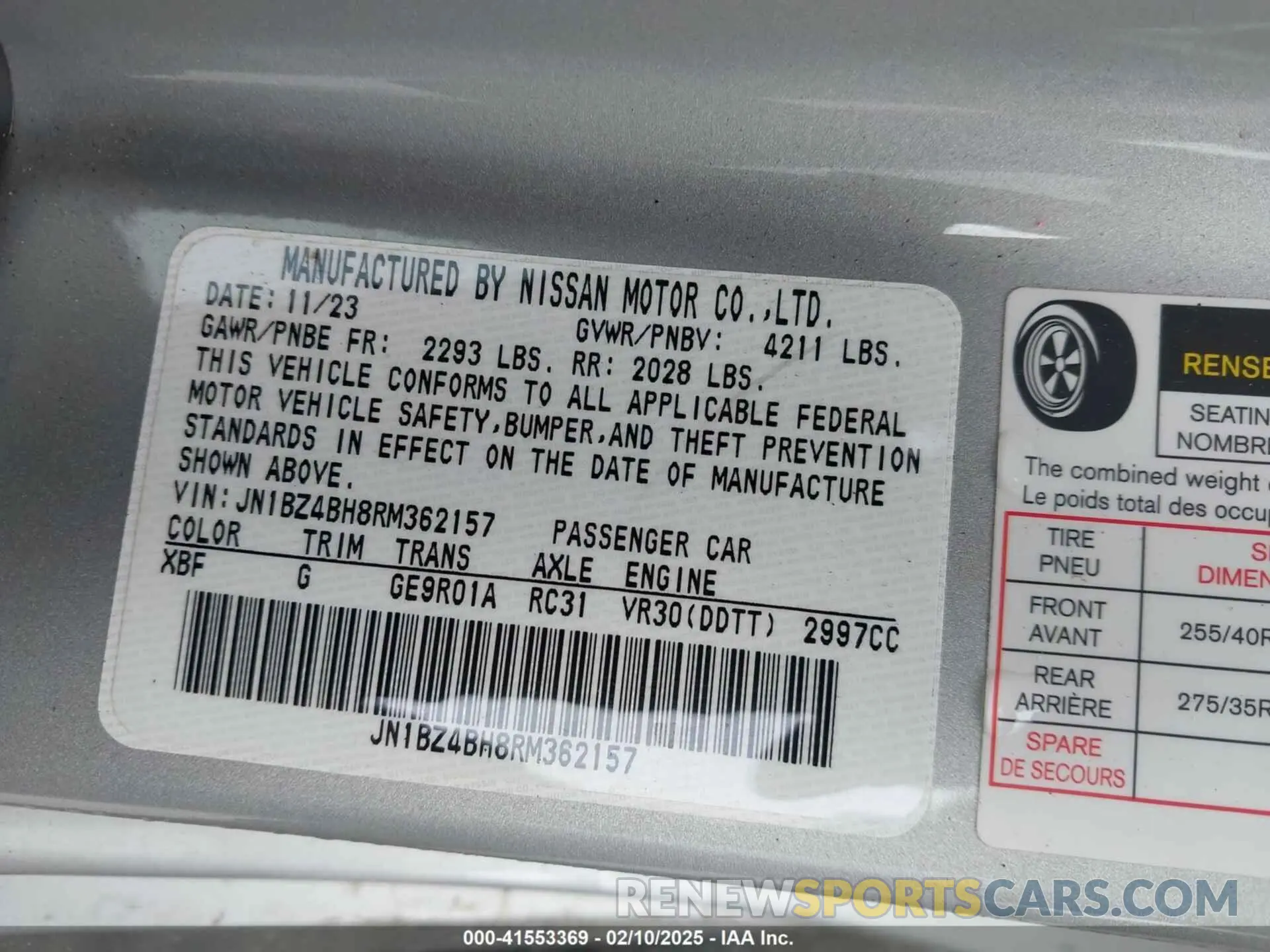 9 fotografías del automóvil dañado JN1BZ4BH8RM362157 NISSAN Z 2024