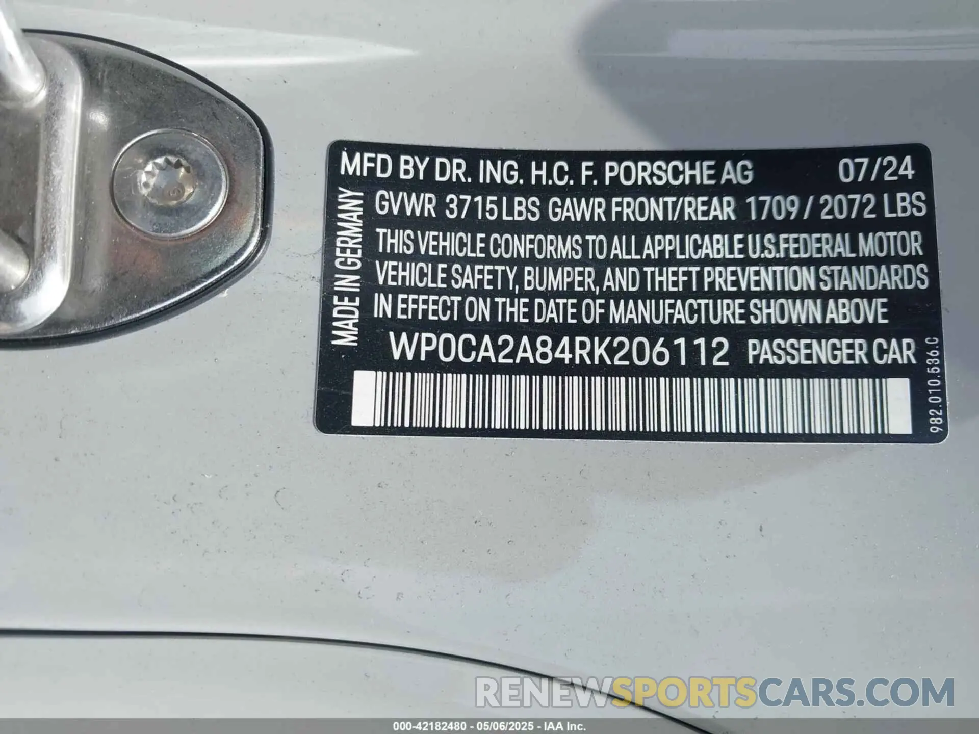 9 fotografías del automóvil dañado WP0CA2A84RK206112 PORSCHE 718 BOXSTER 2024