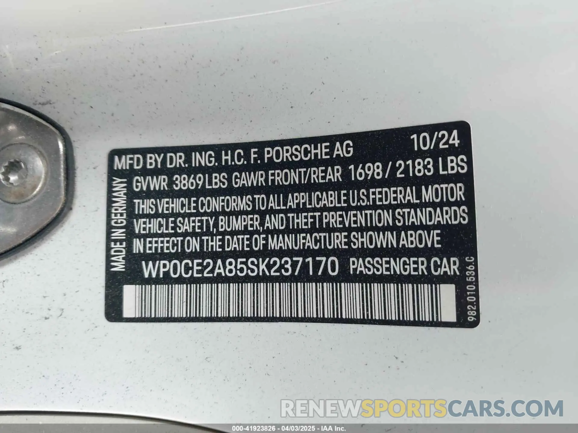 9 fotografías del automóvil dañado WP0CE2A85SK237170 PORSCHE 718 SPYDER 2025