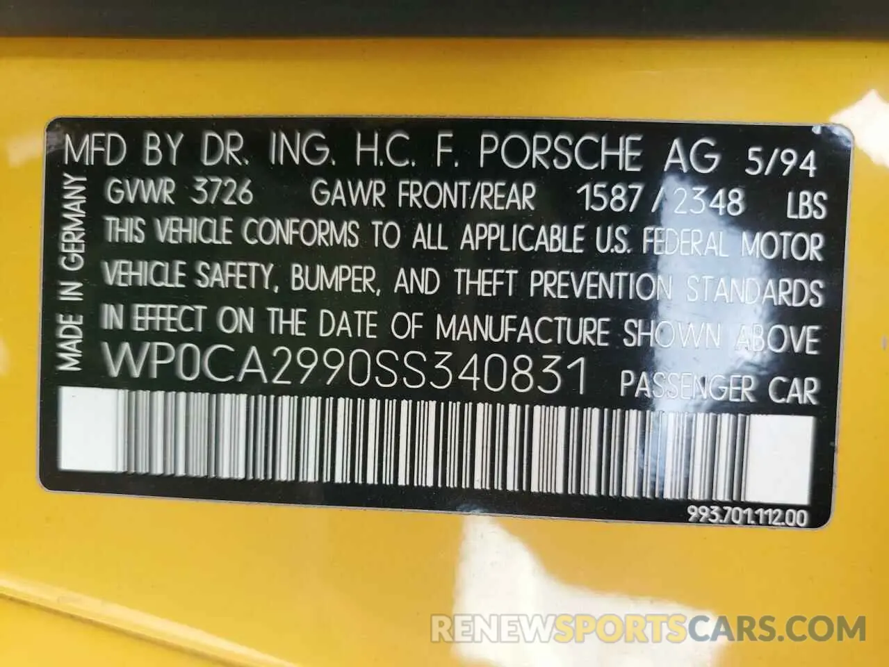 10 fotografías del automóvil dañado WP0CA2990SS340831 PORSCHE 911 1995