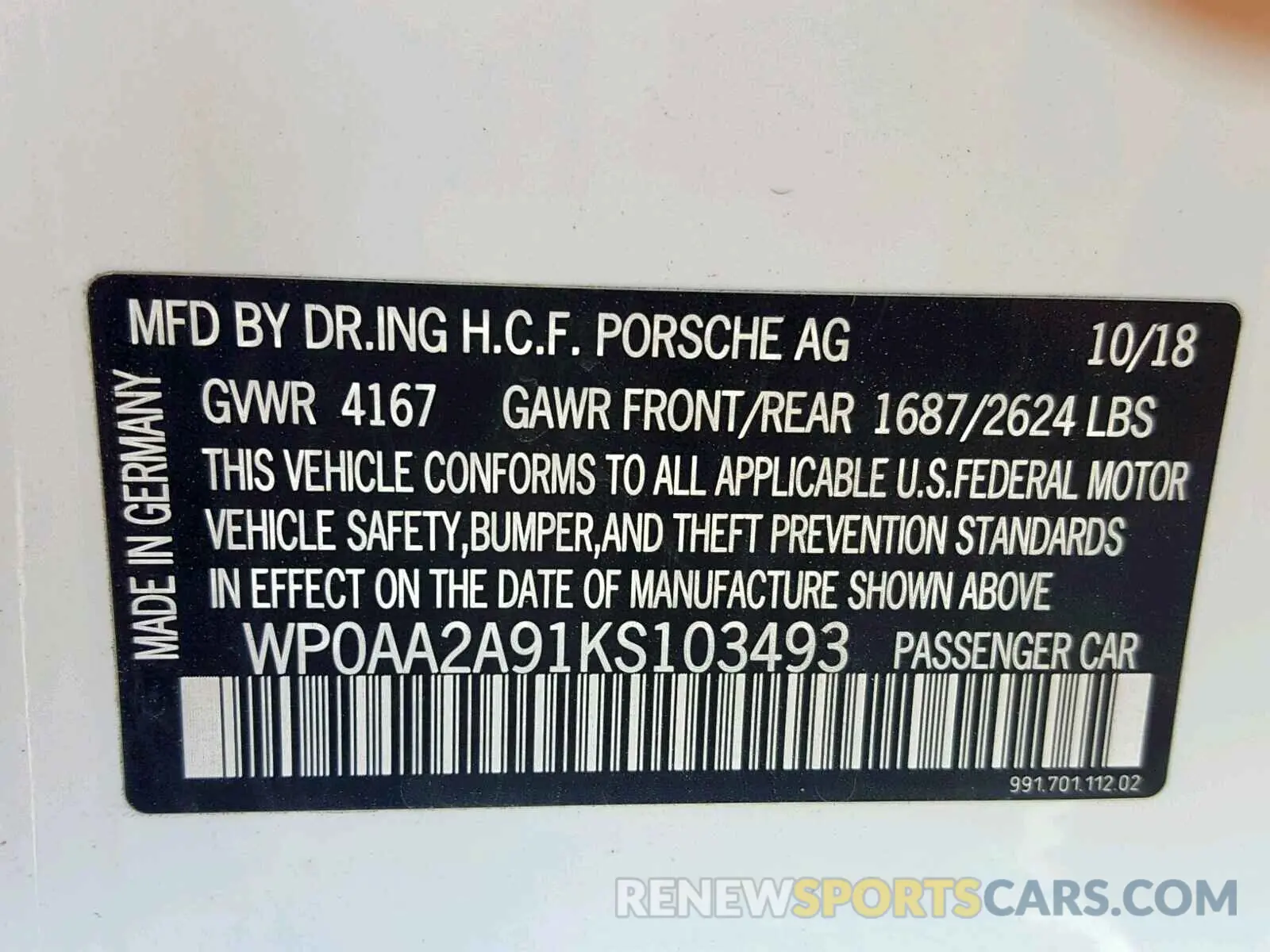 10 fotografías del automóvil dañado WP0AA2A91KS103493 PORSCHE 911 2019