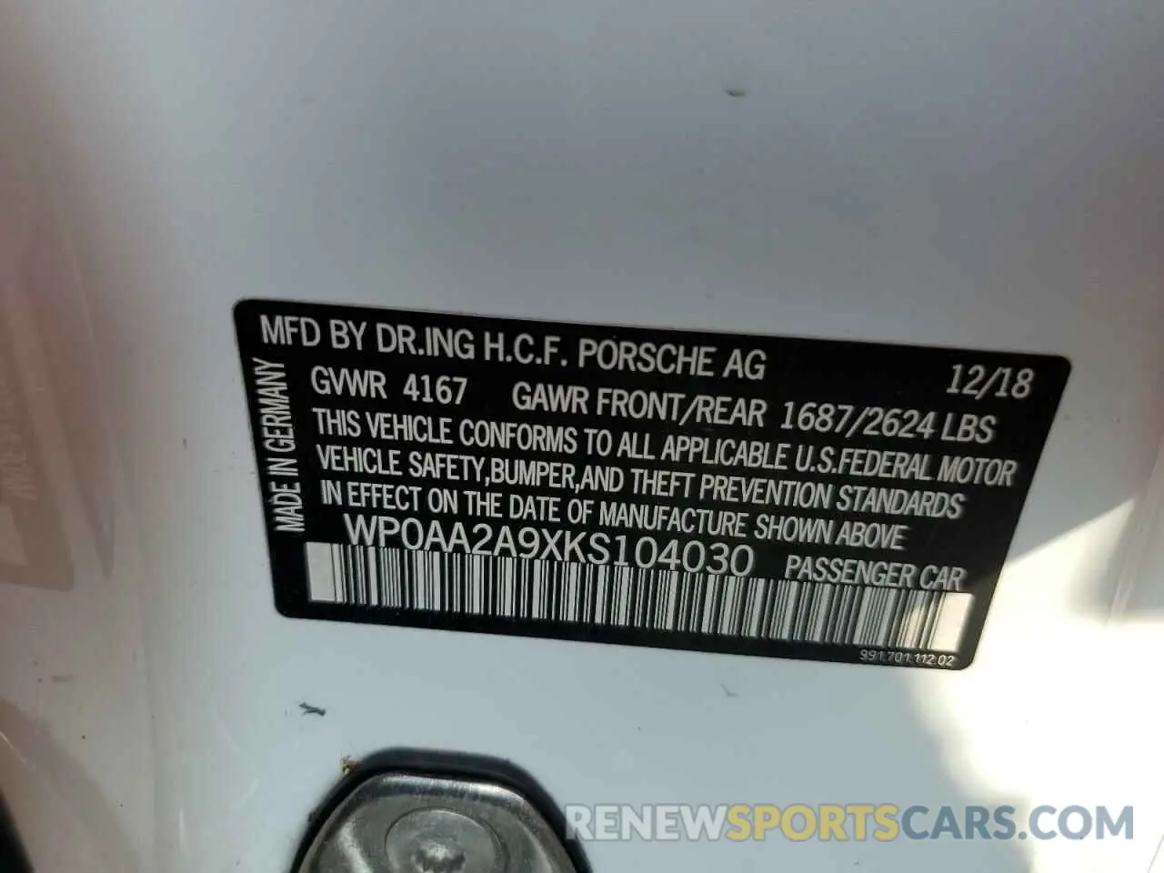 13 fotografías del automóvil dañado WP0AA2A9XKS104030 PORSCHE 911 2019