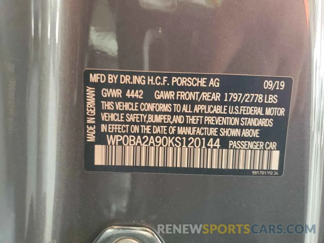 12 fotografías del automóvil dañado WP0BA2A90KS120144 PORSCHE 911 2019