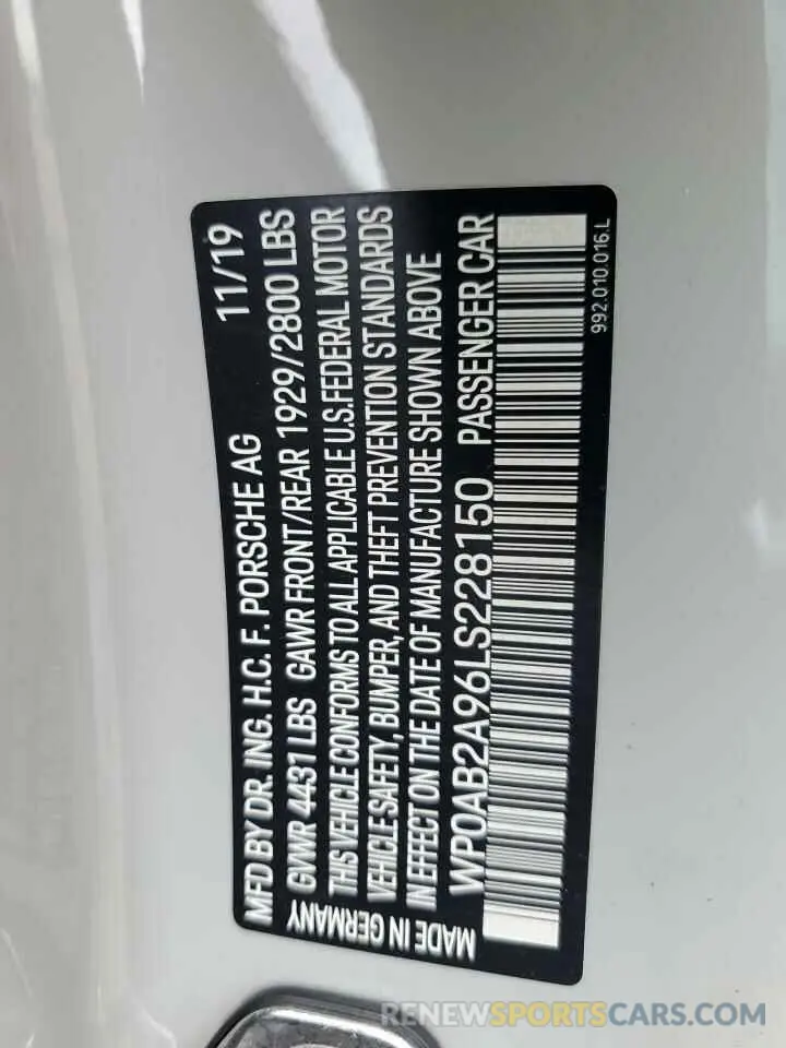 12 fotografías del automóvil dañado WP0AB2A96LS228150 PORSCHE 911 2020