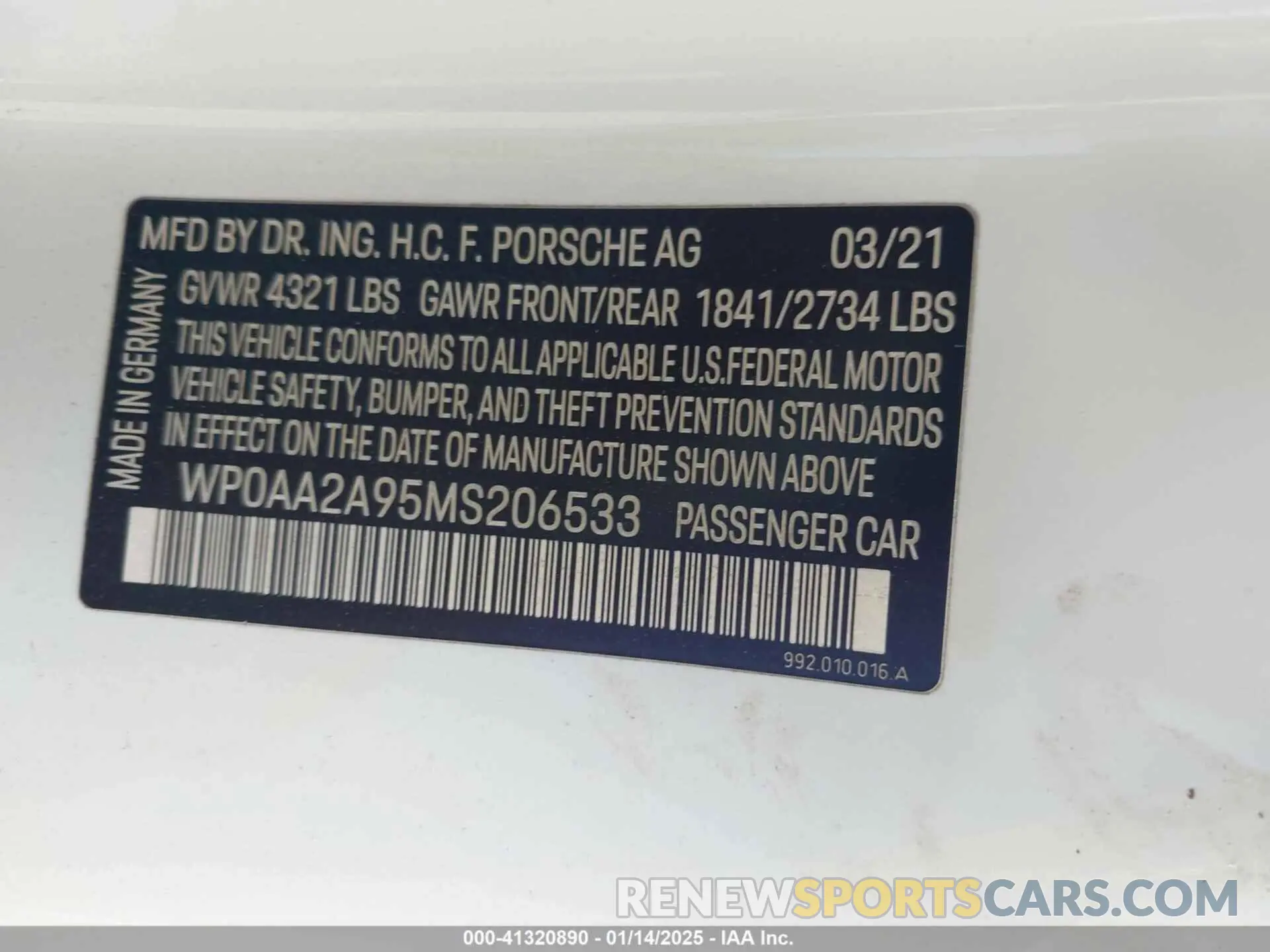 9 fotografías del automóvil dañado WP0AA2A95MS206533 PORSCHE 911 2021