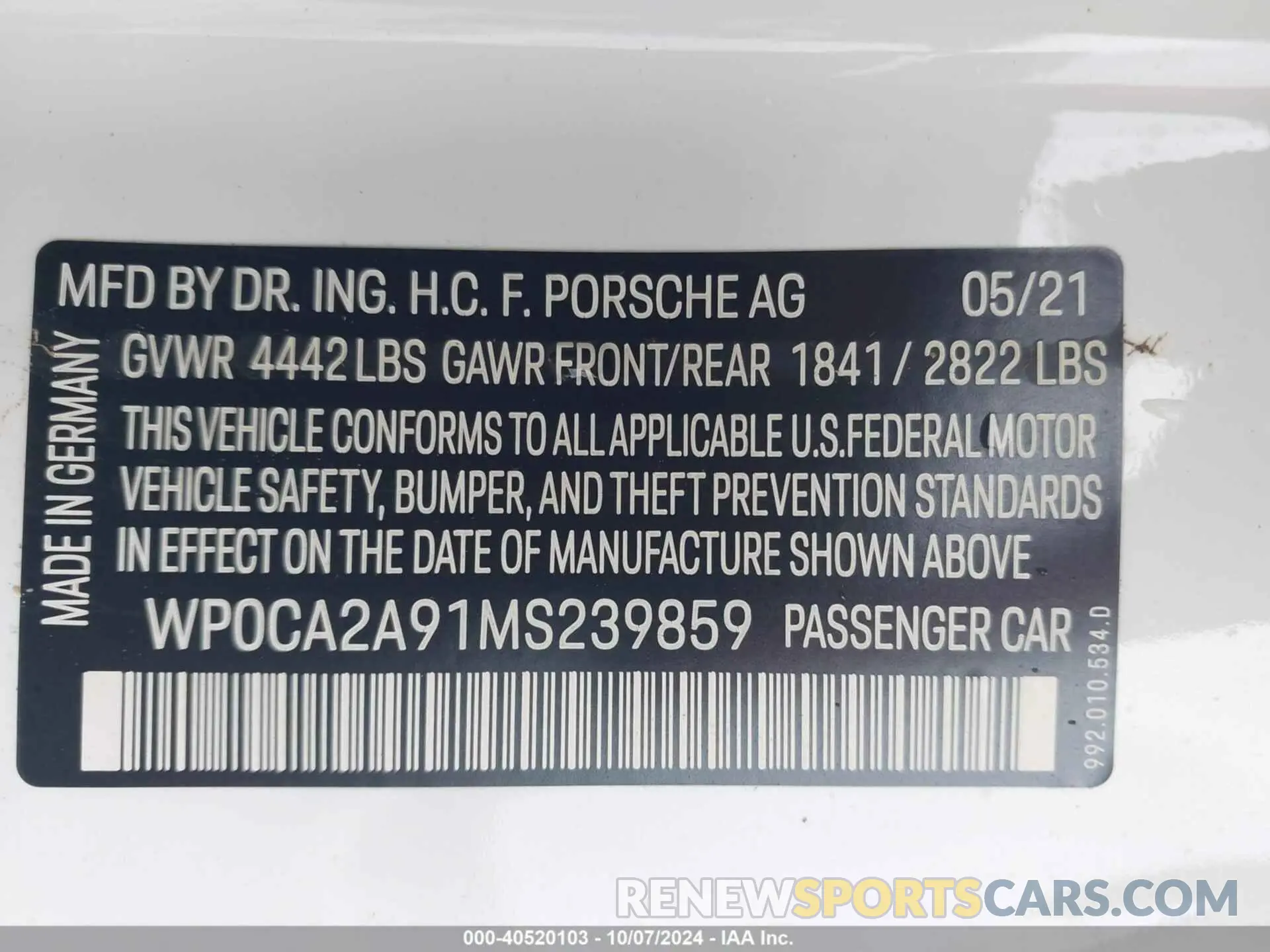 9 fotografías del automóvil dañado WP0CA2A91MS239859 PORSCHE 911 2021