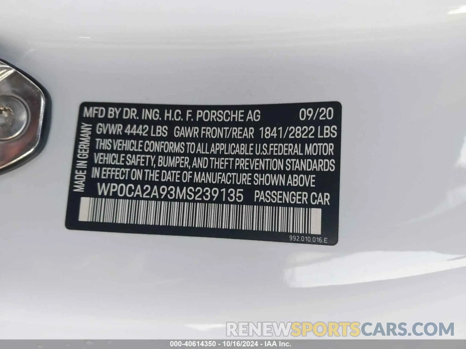 9 fotografías del automóvil dañado WP0CA2A93MS239135 PORSCHE 911 2021