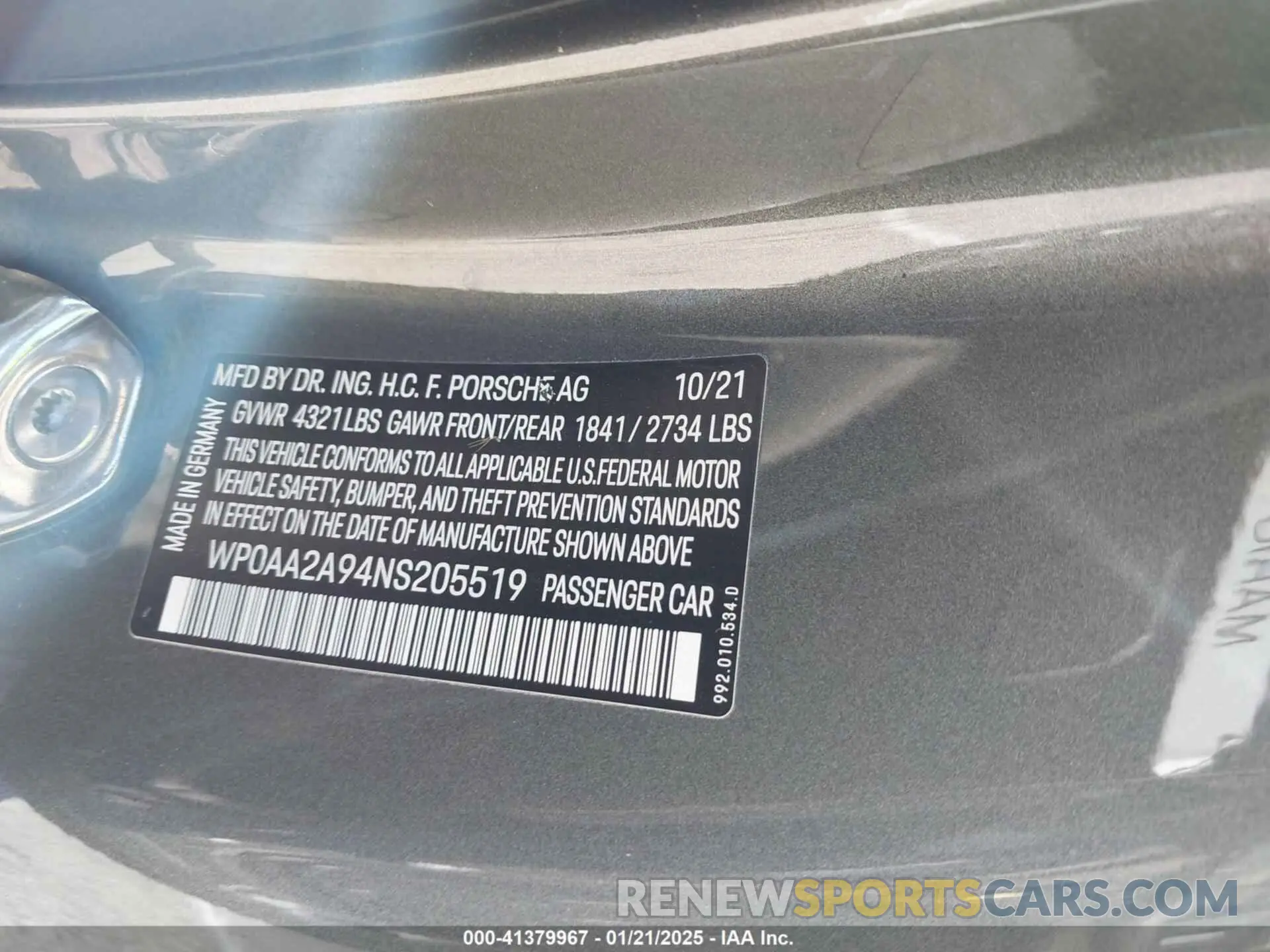 9 fotografías del automóvil dañado WP0AA2A94NS205519 PORSCHE 911 2022