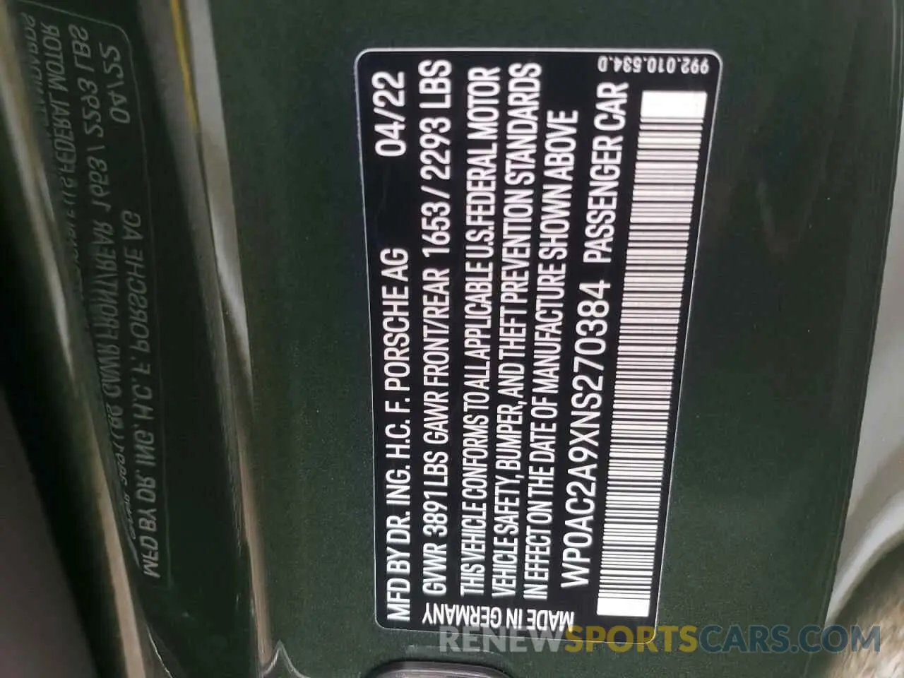 10 fotografías del automóvil dañado WP0AC2A9XNS270384 PORSCHE 911 2022