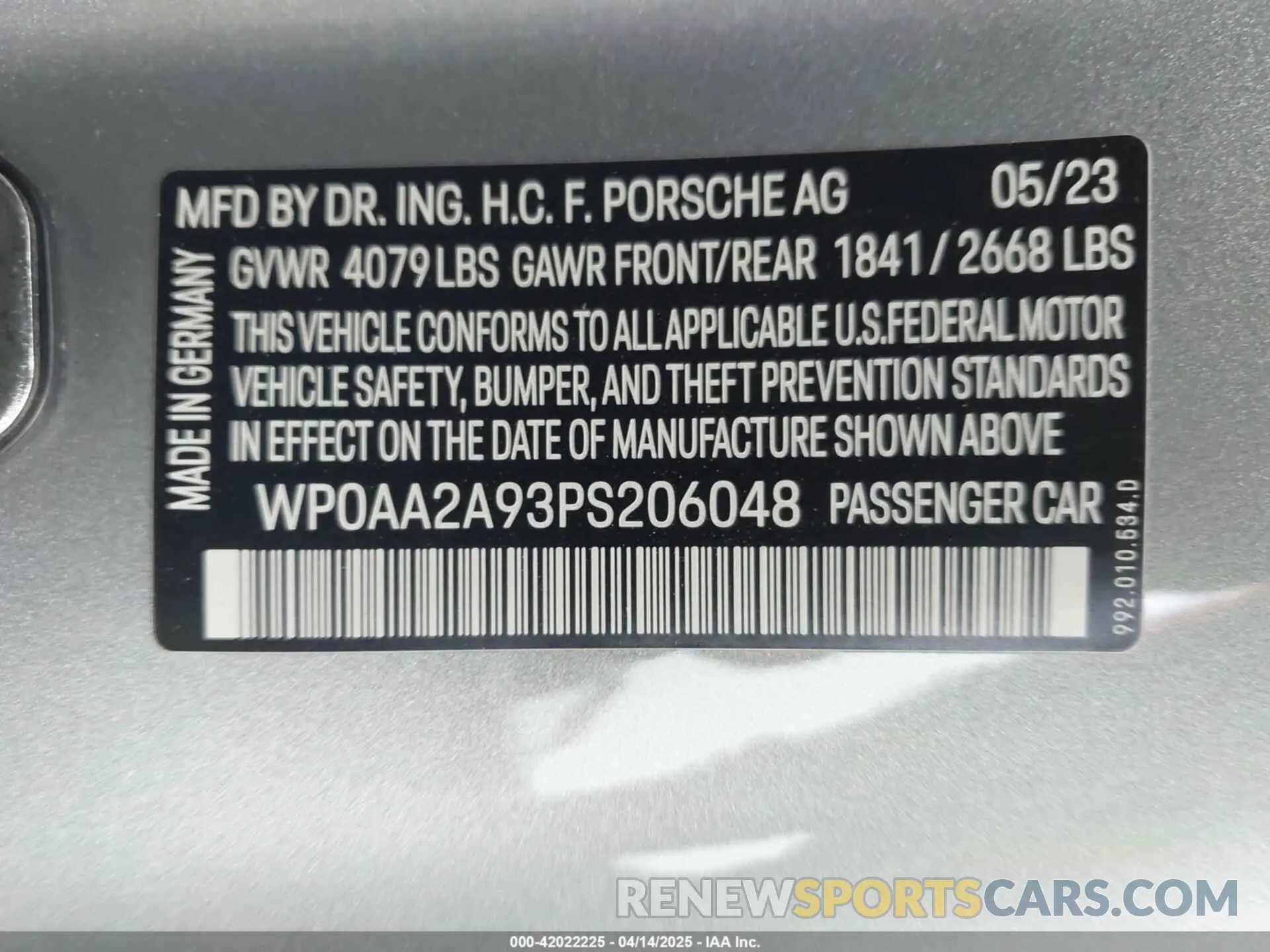 9 fotografías del automóvil dañado WP0AA2A93PS206048 PORSCHE 911 2023