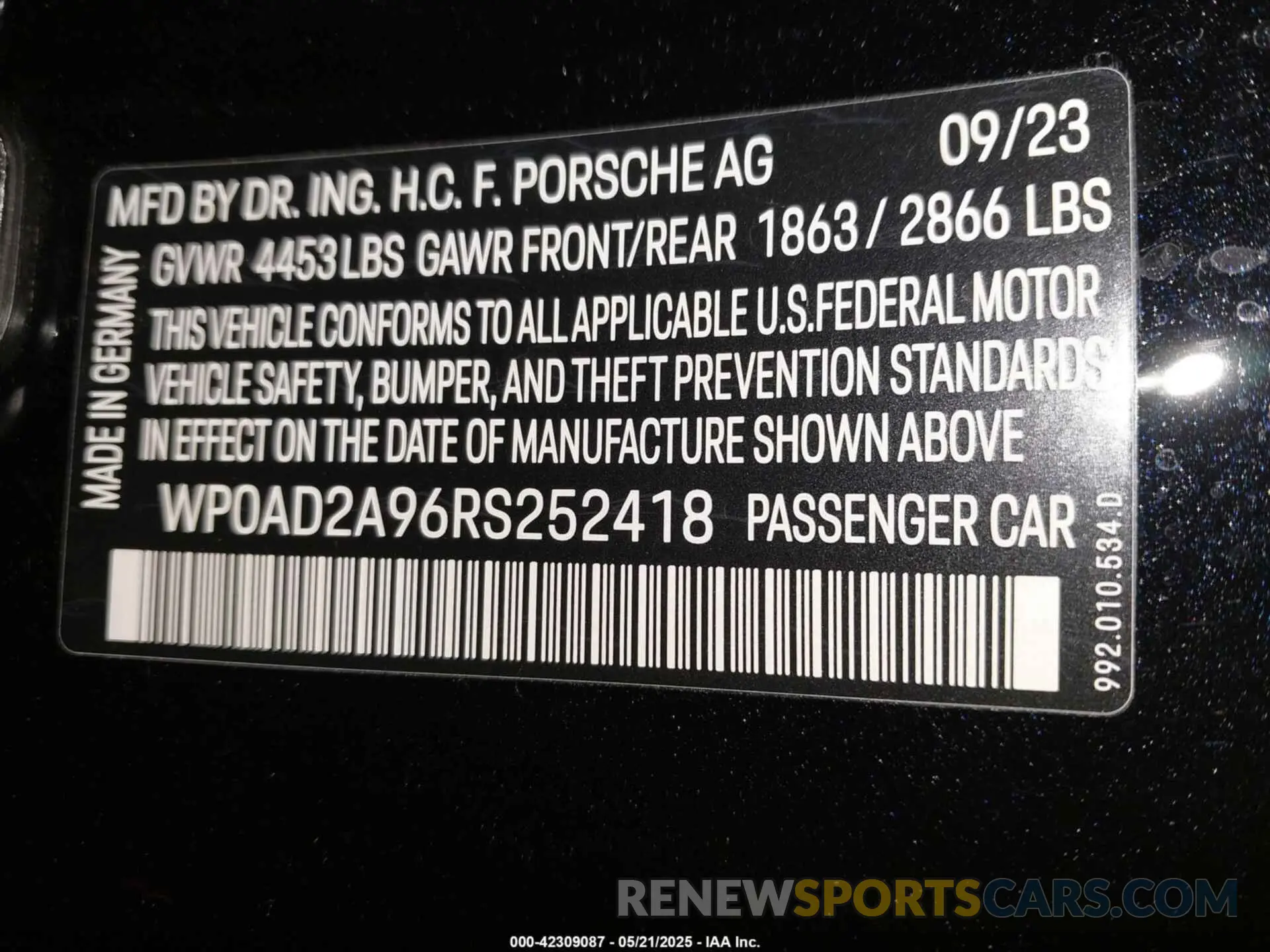9 fotografías del automóvil dañado WP0AD2A96RS252418 PORSCHE 911 2024