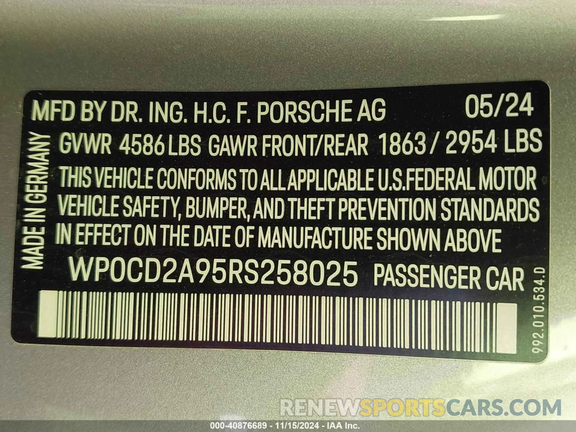 9 fotografías del automóvil dañado WP0CD2A95RS258025 PORSCHE 911 2024