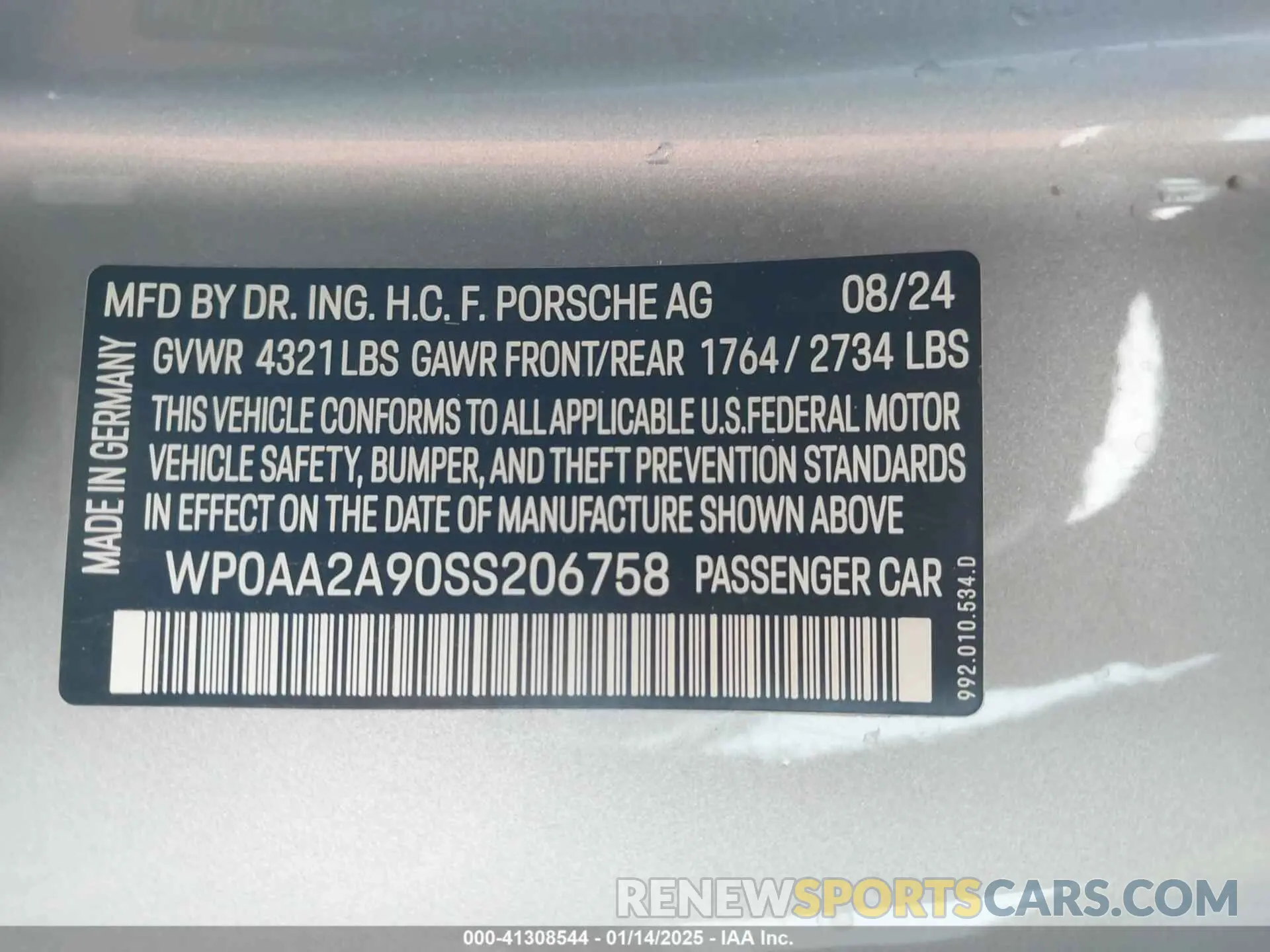 9 fotografías del automóvil dañado WP0AA2A90SS206758 PORSCHE 911 2025