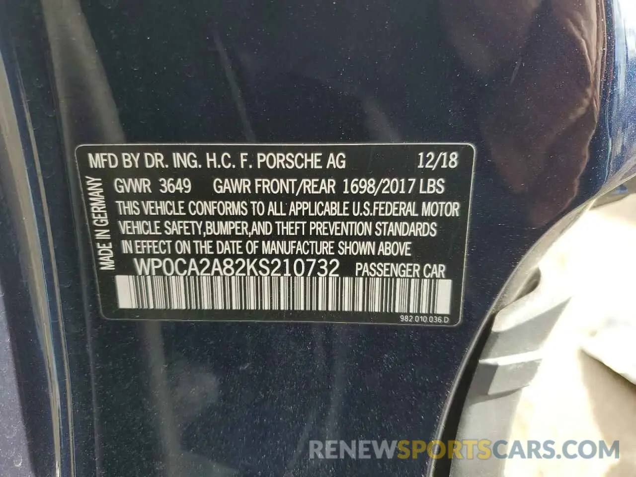 12 fotografías del automóvil dañado WP0CA2A82KS210732 PORSCHE BOXSTER 2019