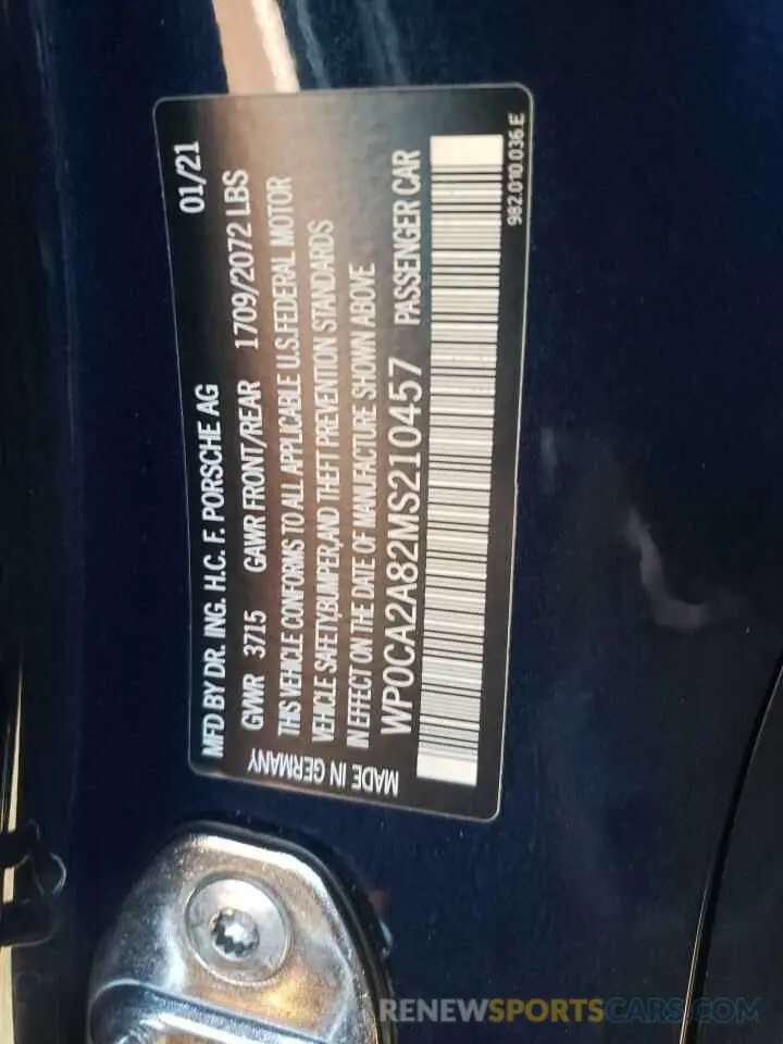 10 fotografías del automóvil dañado WP0CA2A82MS210457 PORSCHE BOXSTER 2021