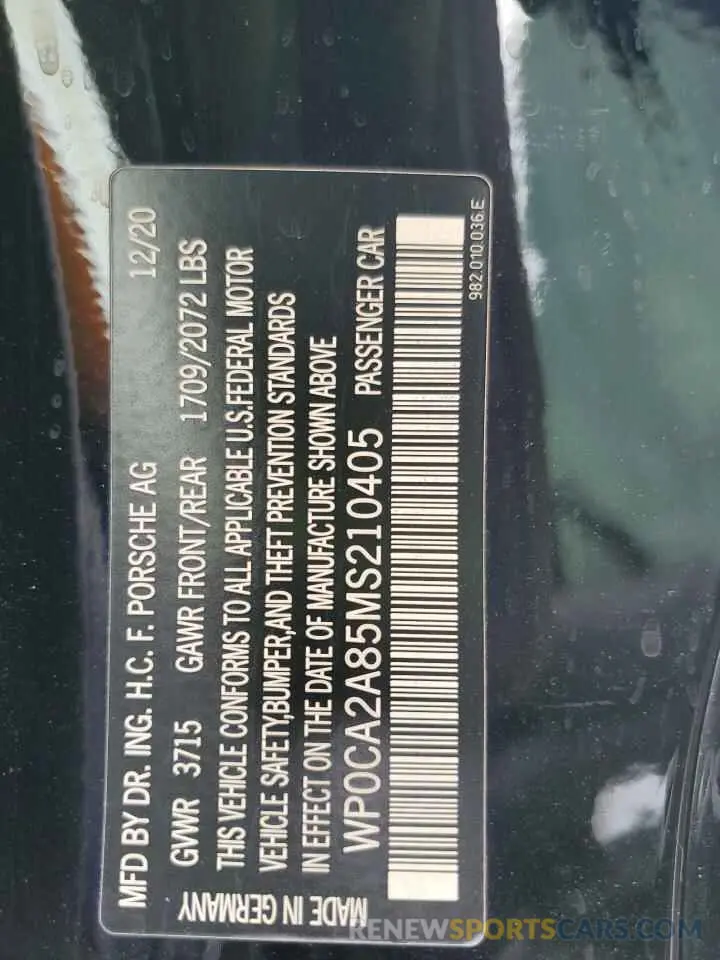 12 fotografías del automóvil dañado WP0CA2A85MS210405 PORSCHE BOXSTER 2021