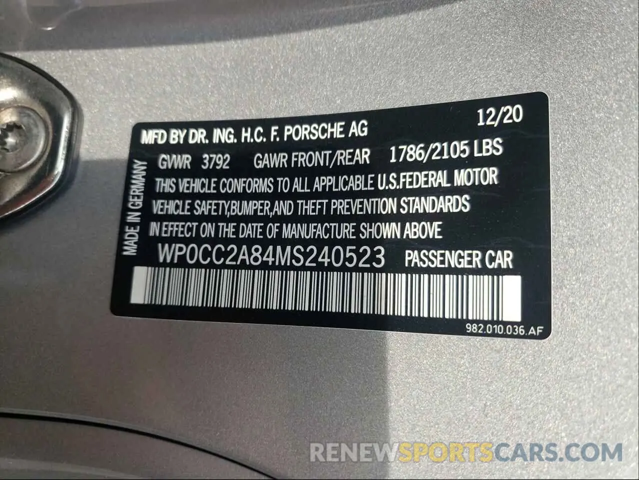 10 fotografías del automóvil dañado WP0CC2A84MS240523 PORSCHE BOXSTER 2021