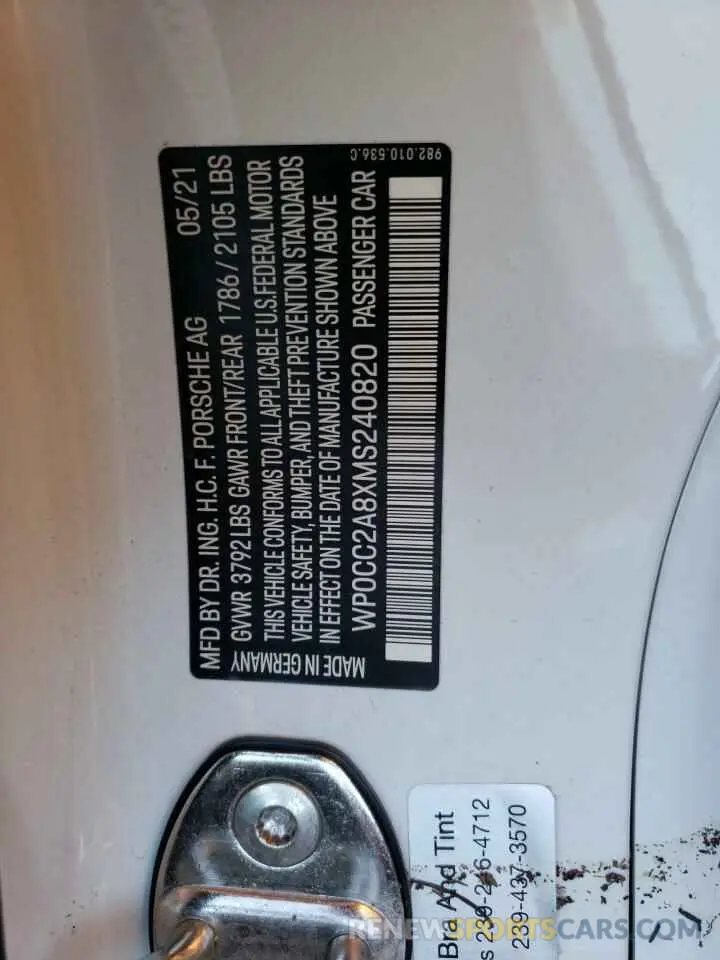 10 fotografías del automóvil dañado WP0CC2A8XMS240820 PORSCHE BOXSTER 2021