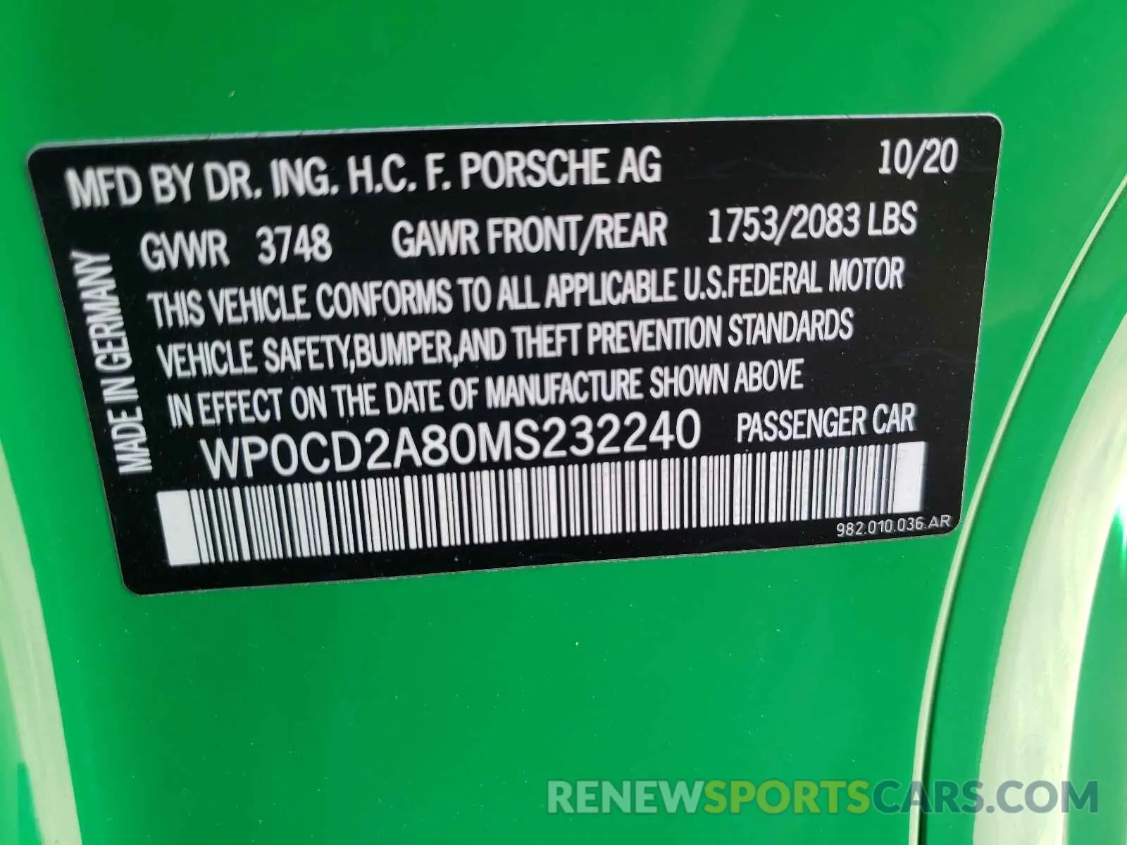 10 fotografías del automóvil dañado WP0CD2A80MS232240 PORSCHE BOXSTER 2021