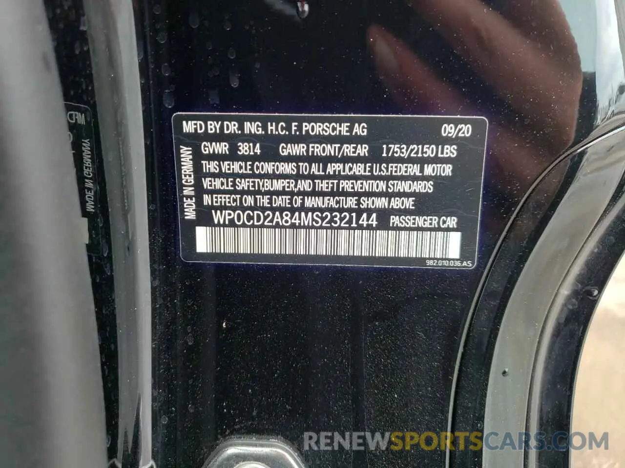 10 fotografías del automóvil dañado WP0CD2A84MS232144 PORSCHE BOXSTER 2021