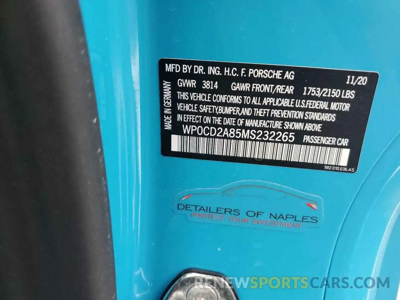 10 fotografías del automóvil dañado WP0CD2A85MS232265 PORSCHE BOXSTER 2021