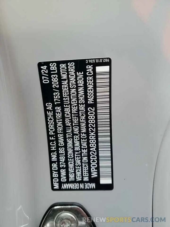 12 fotografías del automóvil dañado WP0CD2A88RK228802 PORSCHE BOXSTER 2024