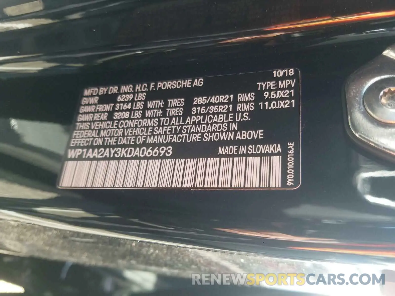 10 fotografías del automóvil dañado WP1AA2AY3KDA06693 PORSCHE CAYENNE 2019