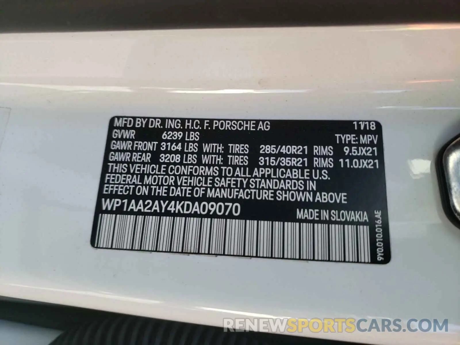 10 fotografías del automóvil dañado WP1AA2AY4KDA09070 PORSCHE CAYENNE 2019
