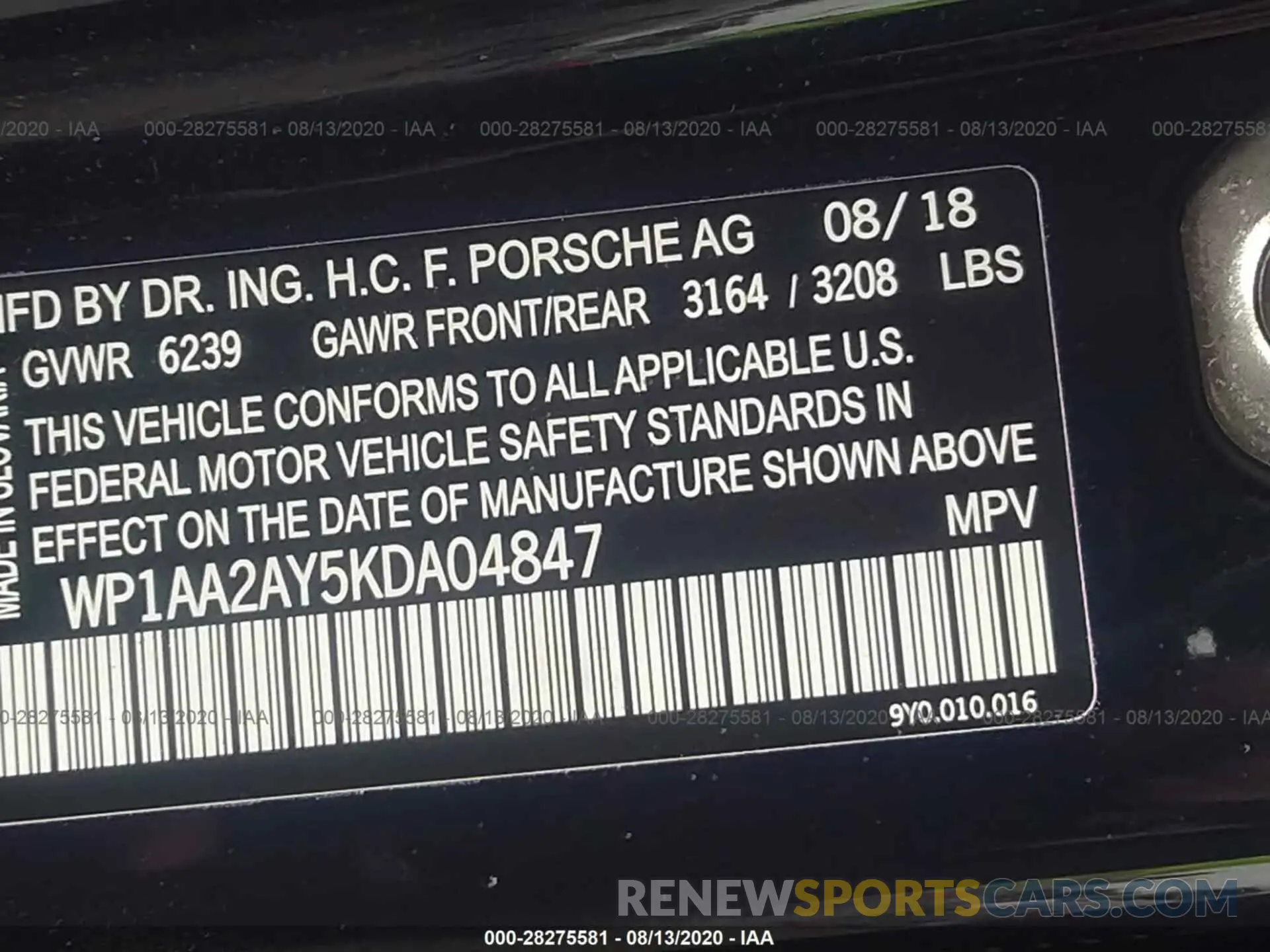 9 fotografías del automóvil dañado WP1AA2AY5KDA04847 PORSCHE CAYENNE 2019