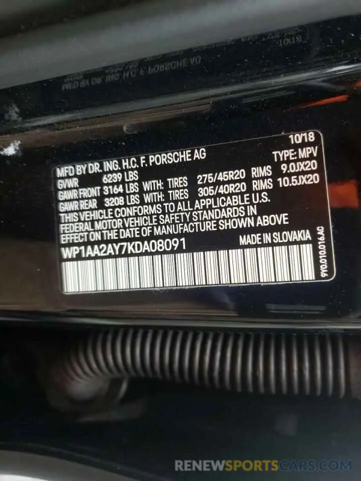 10 fotografías del automóvil dañado WP1AA2AY7KDA08091 PORSCHE CAYENNE 2019