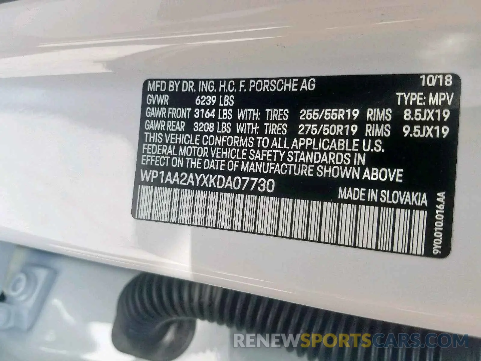 10 fotografías del automóvil dañado WP1AA2AYXKDA07730 PORSCHE CAYENNE 2019
