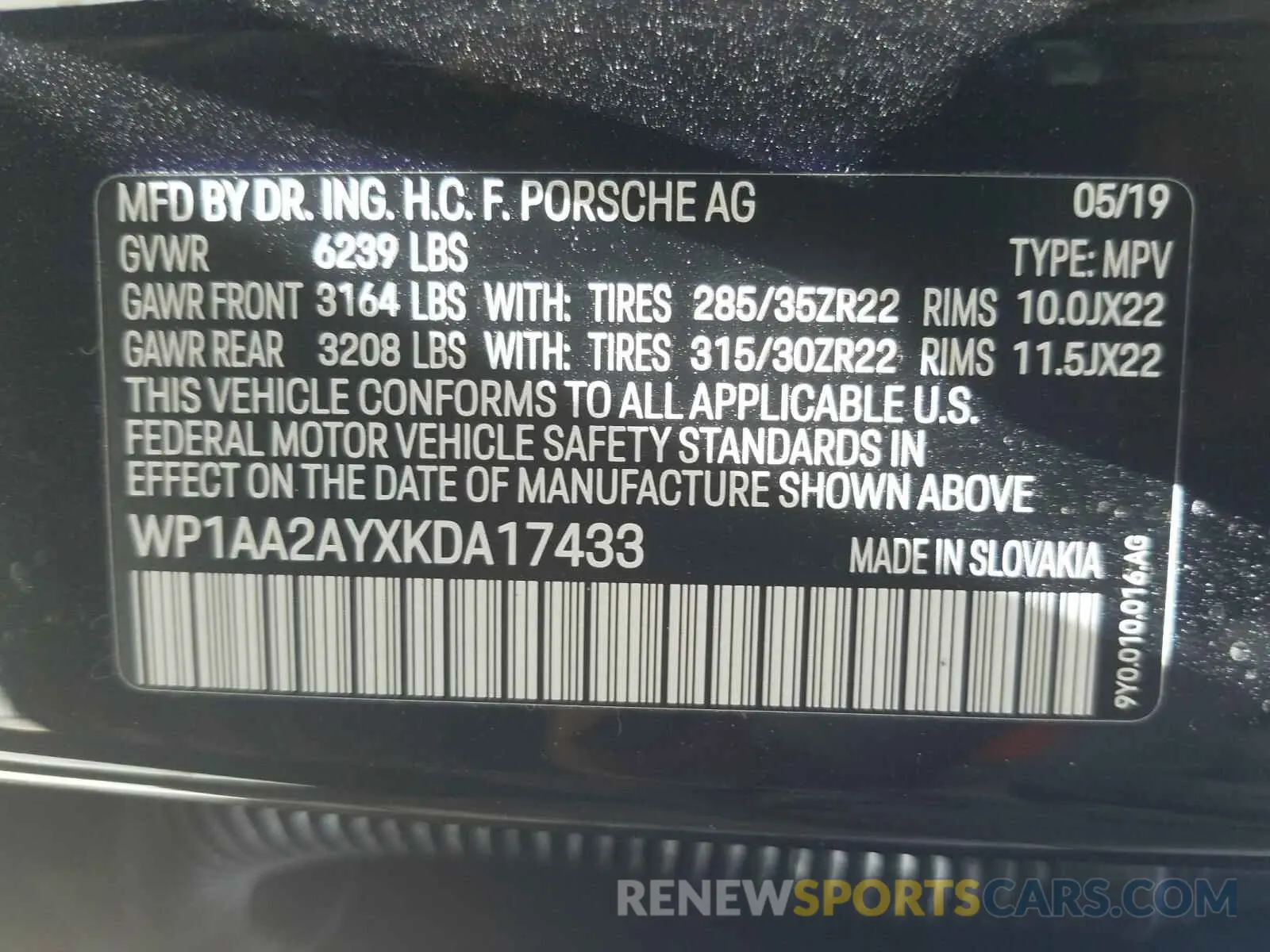 10 fotografías del automóvil dañado WP1AA2AYXKDA17433 PORSCHE CAYENNE 2019