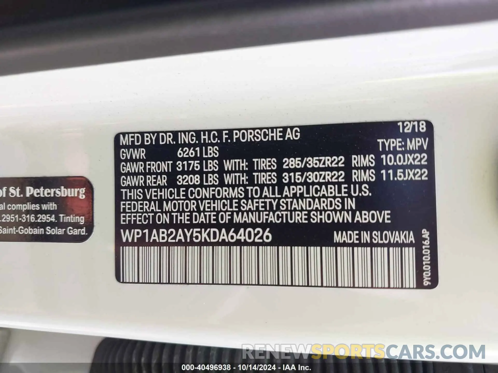 9 fotografías del automóvil dañado WP1AB2AY5KDA64026 PORSCHE CAYENNE 2019