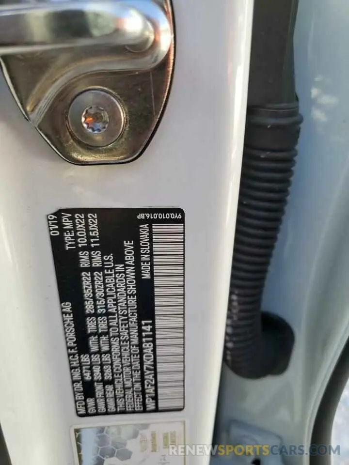 10 fotografías del automóvil dañado WP1AF2AY7KDA81141 PORSCHE CAYENNE 2019