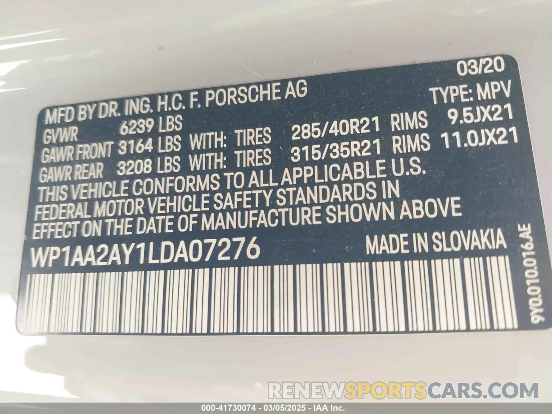 9 fotografías del automóvil dañado WP1AA2AY1LDA07276 PORSCHE CAYENNE 2020