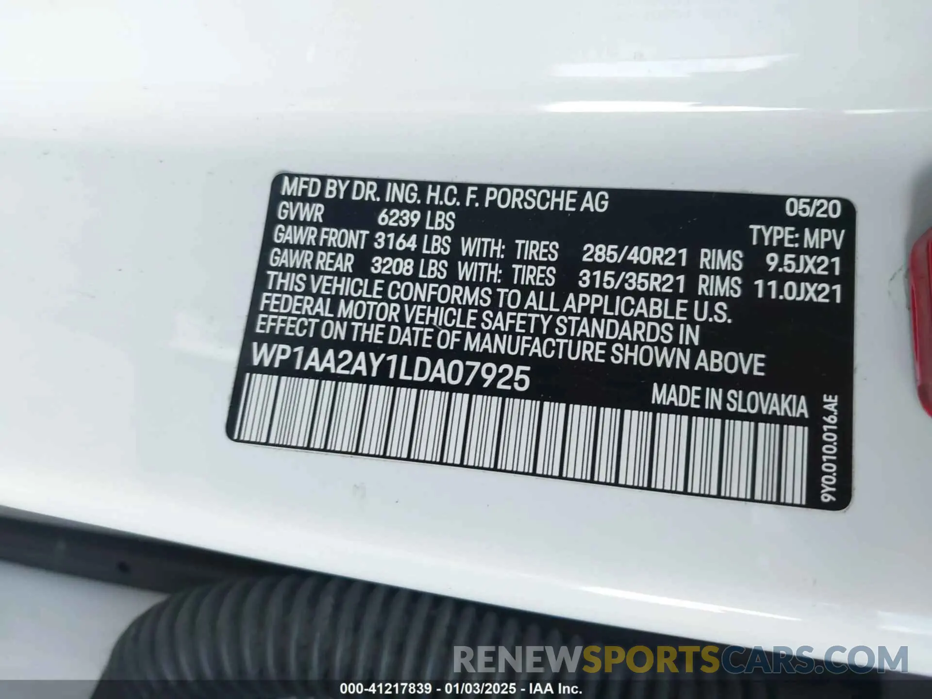 9 fotografías del automóvil dañado WP1AA2AY1LDA07925 PORSCHE CAYENNE 2020