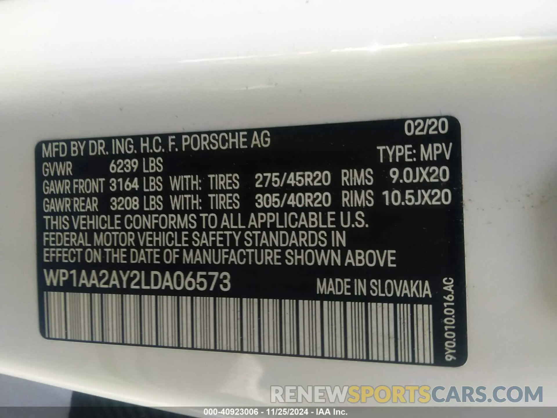 9 fotografías del automóvil dañado WP1AA2AY2LDA06573 PORSCHE CAYENNE 2020