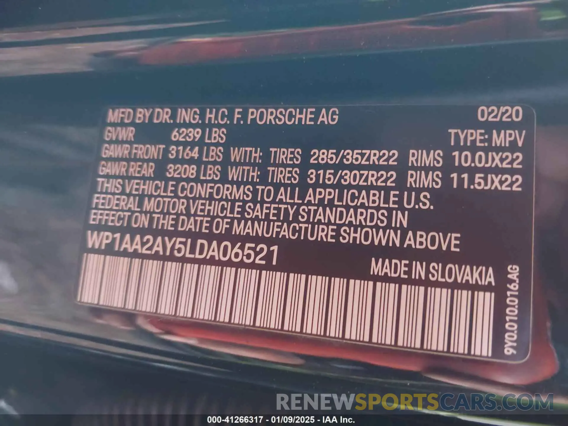 9 fotografías del automóvil dañado WP1AA2AY5LDA06521 PORSCHE CAYENNE 2020