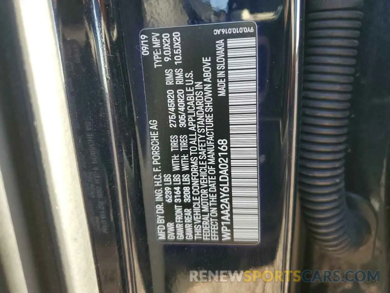 12 fotografías del automóvil dañado WP1AA2AY6LDA02168 PORSCHE CAYENNE 2020