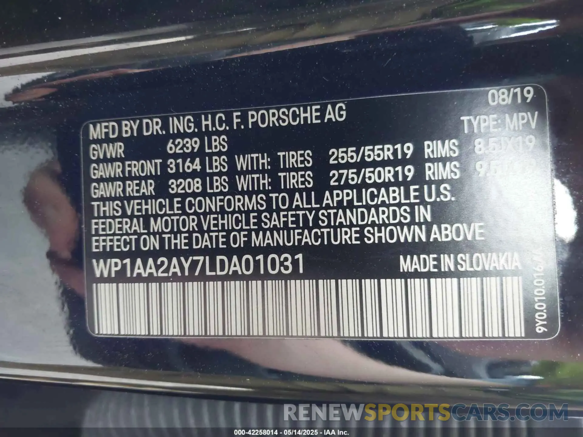 9 fotografías del automóvil dañado WP1AA2AY7LDA01031 PORSCHE CAYENNE 2020