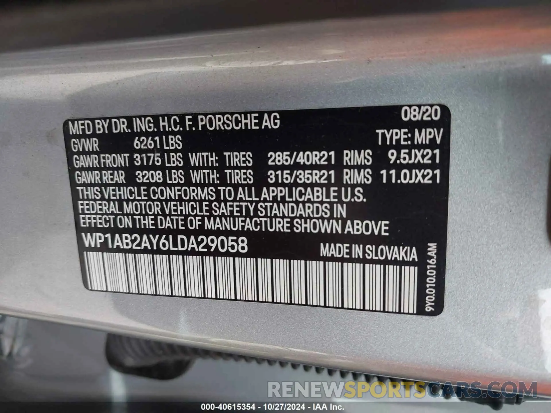 9 fotografías del automóvil dañado WP1AB2AY6LDA29058 PORSCHE CAYENNE 2020