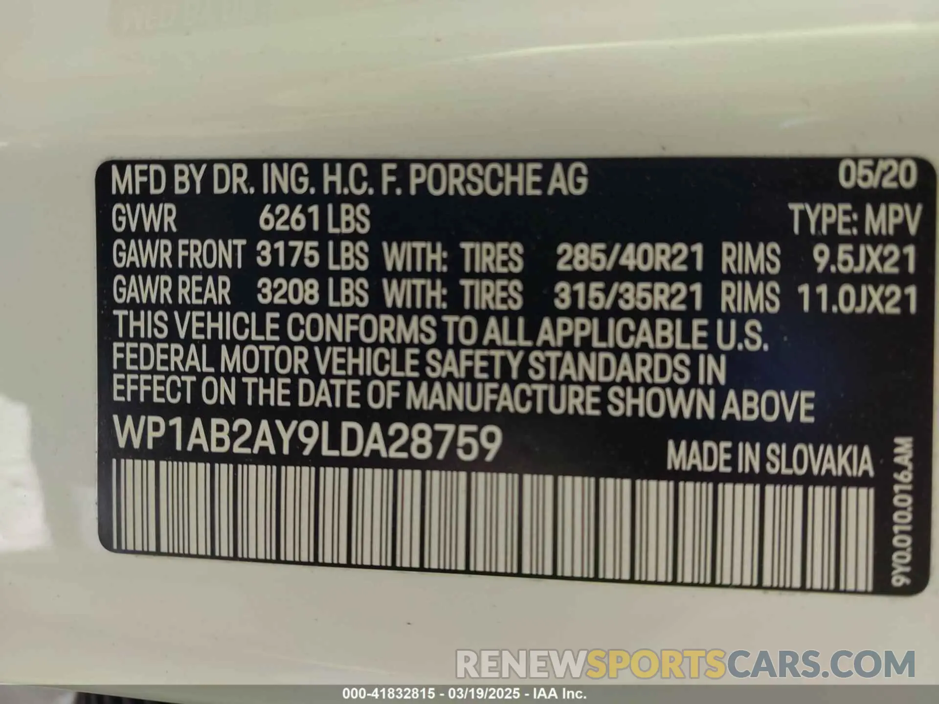 9 fotografías del automóvil dañado WP1AB2AY9LDA28759 PORSCHE CAYENNE 2020