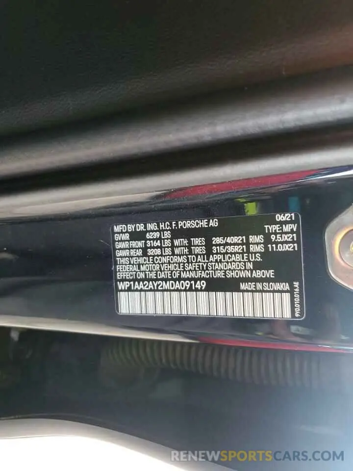 13 fotografías del automóvil dañado WP1AA2AY2MDA09149 PORSCHE CAYENNE 2021