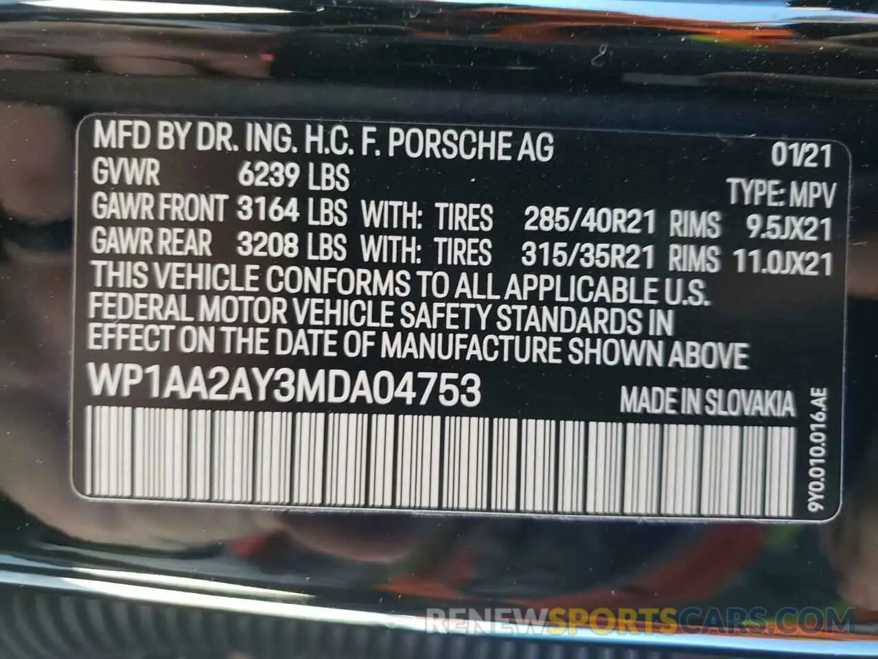 10 fotografías del automóvil dañado WP1AA2AY3MDA04753 PORSCHE CAYENNE 2021