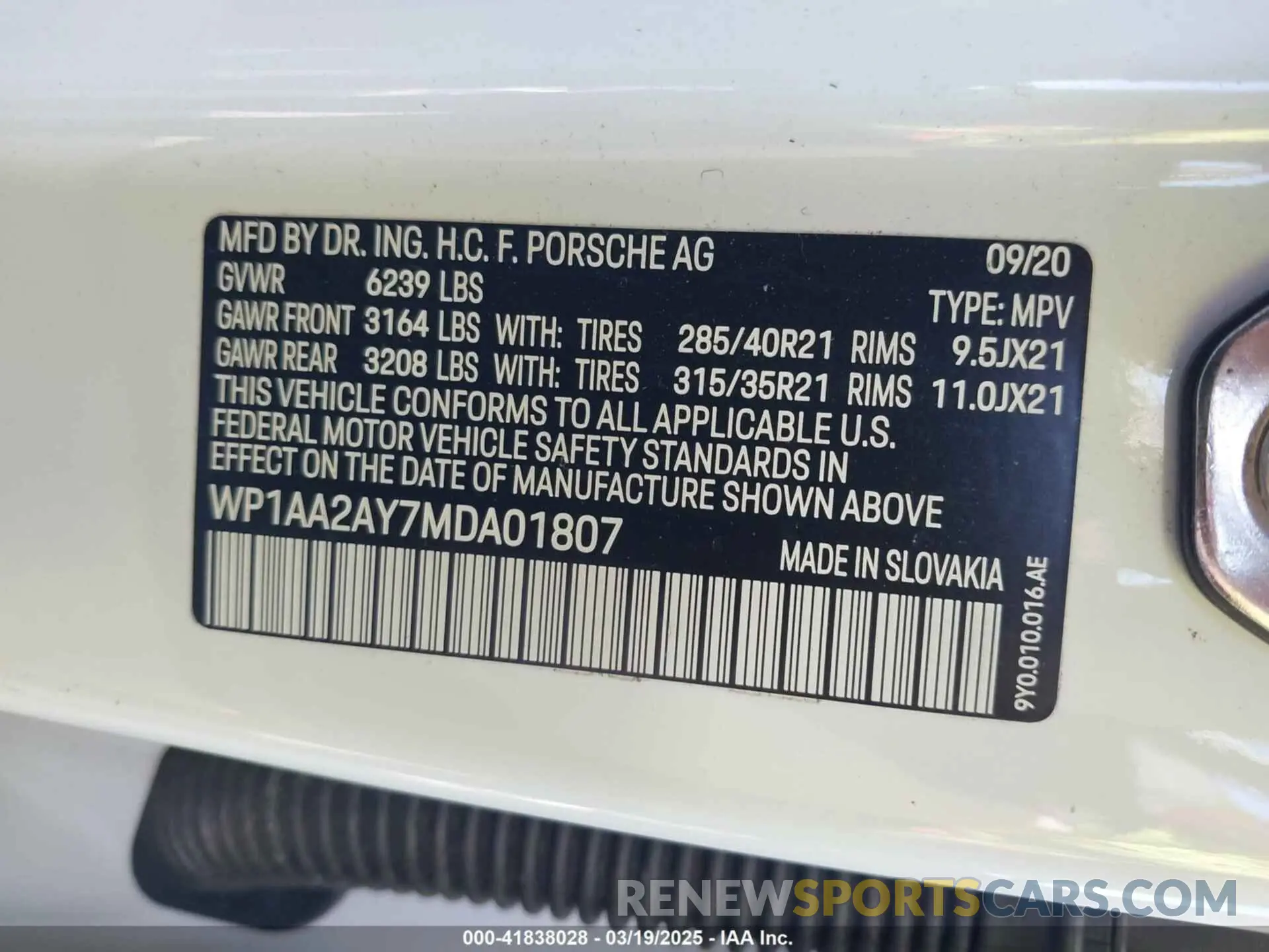 9 fotografías del automóvil dañado WP1AA2AY7MDA01807 PORSCHE CAYENNE 2021
