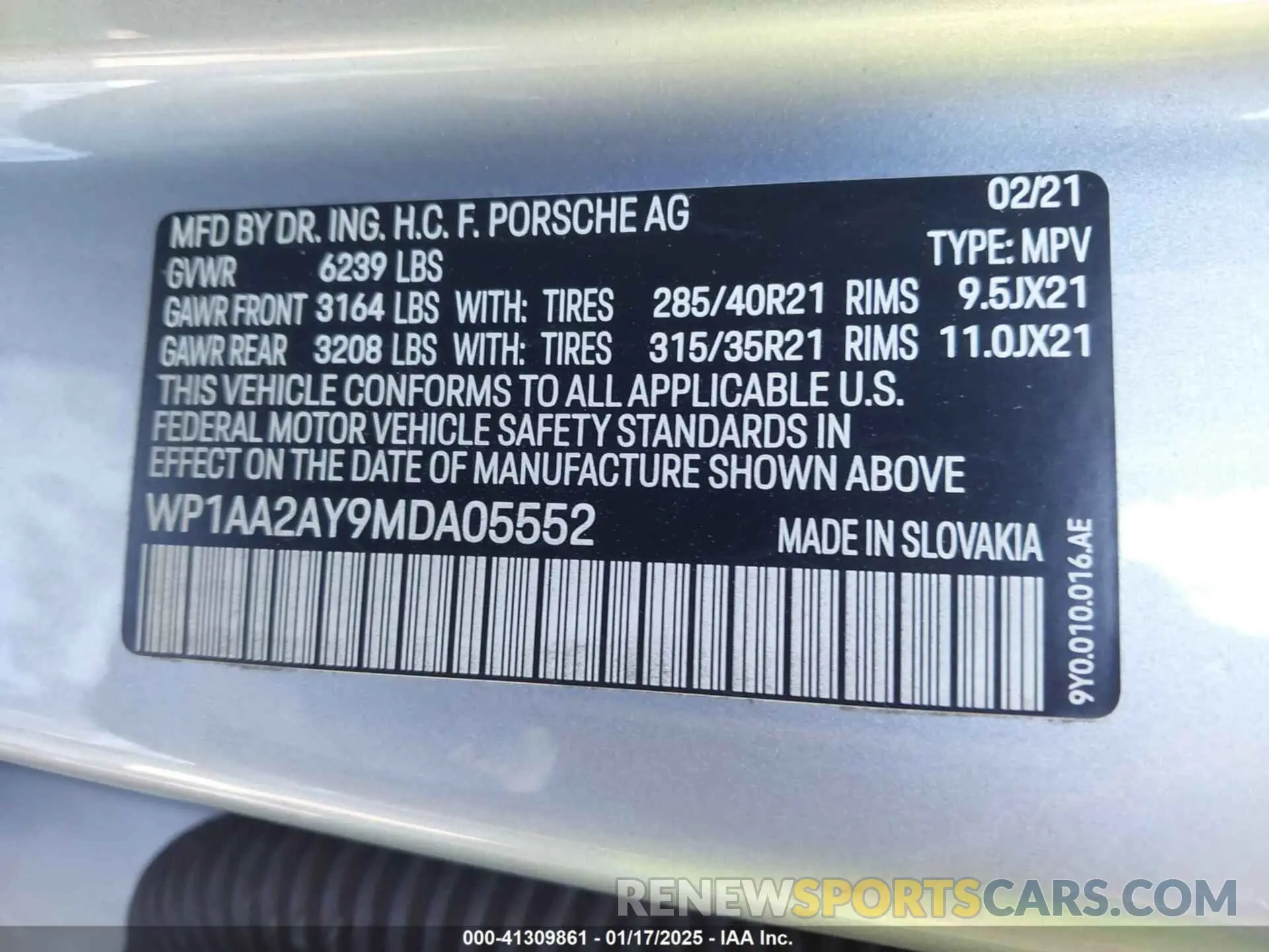 9 fotografías del automóvil dañado WP1AA2AY9MDA05552 PORSCHE CAYENNE 2021