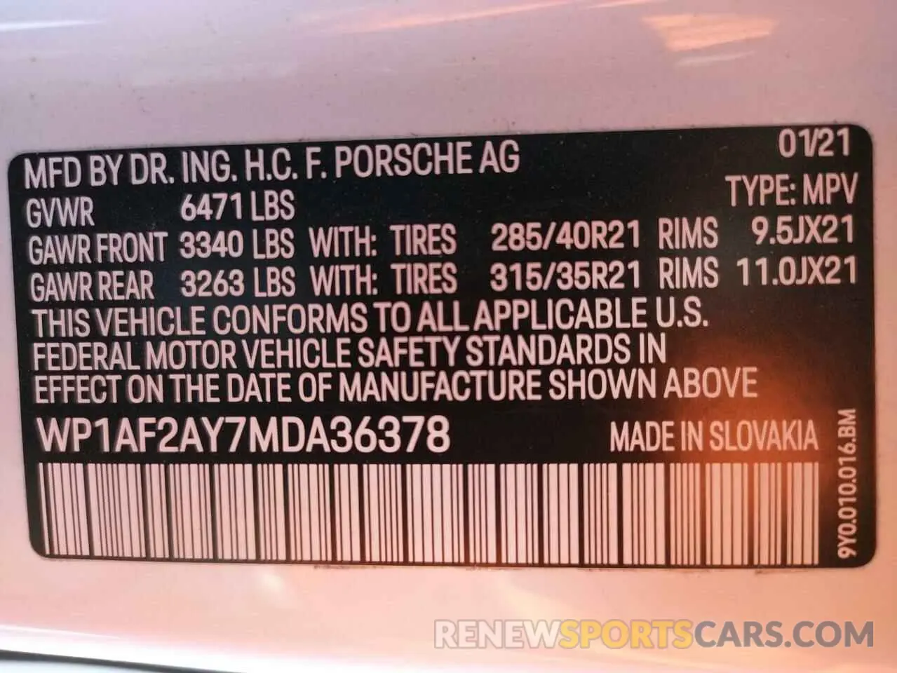 10 fotografías del automóvil dañado WP1AF2AY7MDA36378 PORSCHE CAYENNE 2021