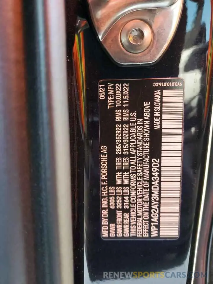 13 fotografías del automóvil dañado WP1AG2AY3MDA34902 PORSCHE CAYENNE 2021