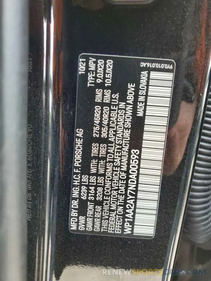 12 fotografías del automóvil dañado WP1AA2AY7NDA00593 PORSCHE CAYENNE 2022